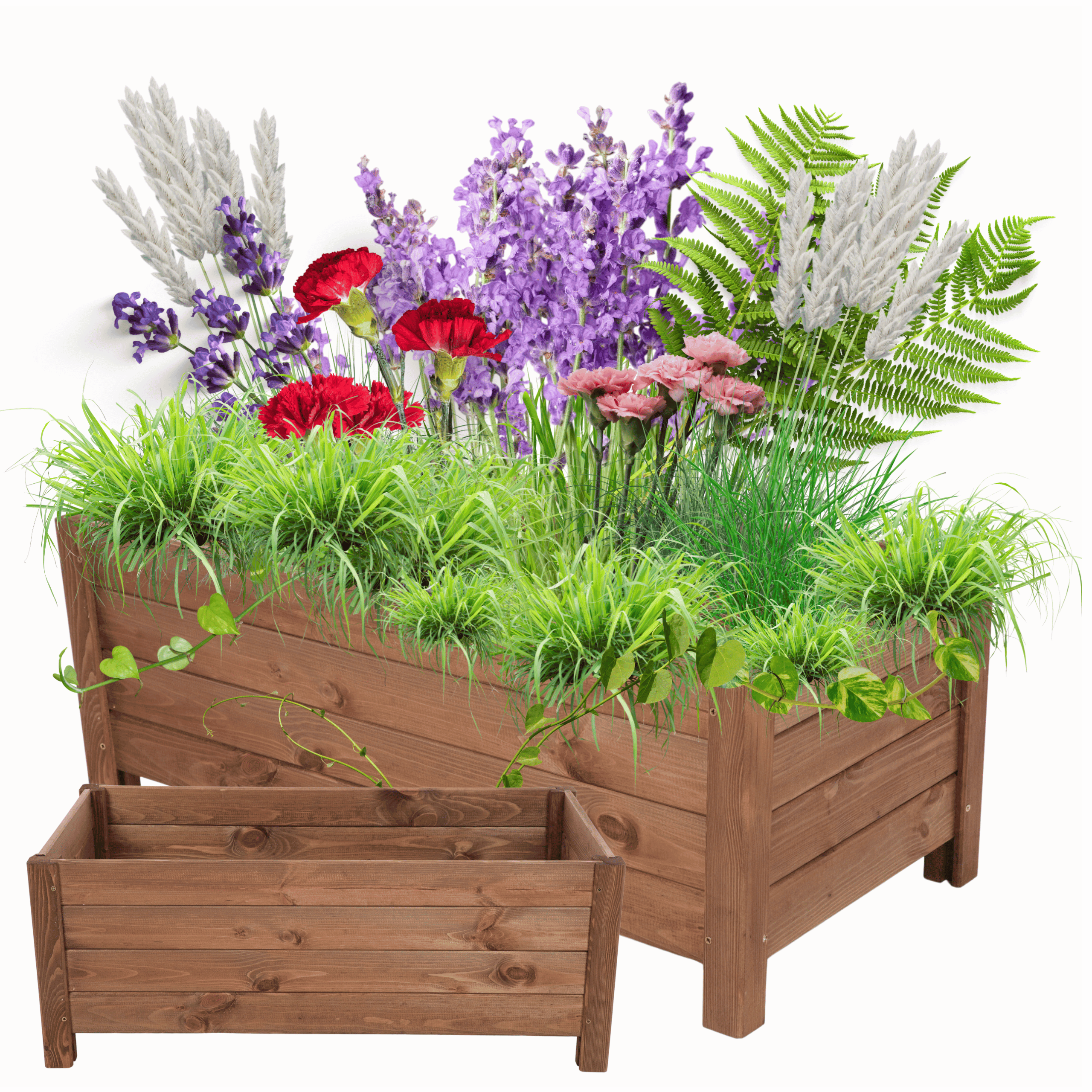 Szeroka brązowa donica na krótkich nóżkach, grafika z roślinnością